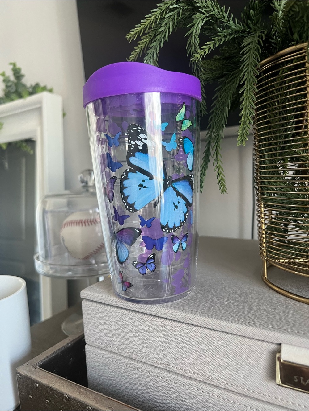 tervis Purple Lid Travel Tumbler with Blue Butterfly Pattern